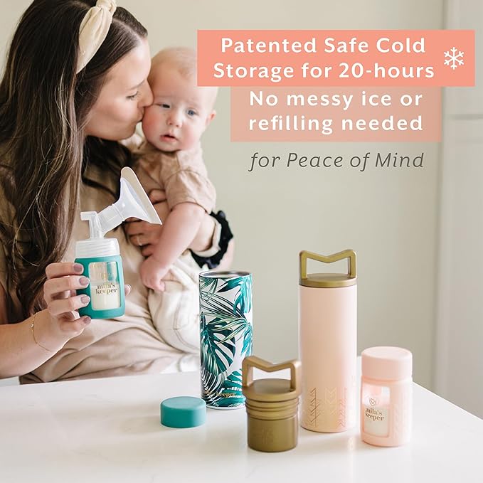 Mila's Keeper Portable Insulated Breast Milk Cooler Set | 20 Hr Storage | Cooler, Breast Milk Storage Bottle & Ice Pack for Travel | Fits Leading Pumps | Wide Neck Pink Sands