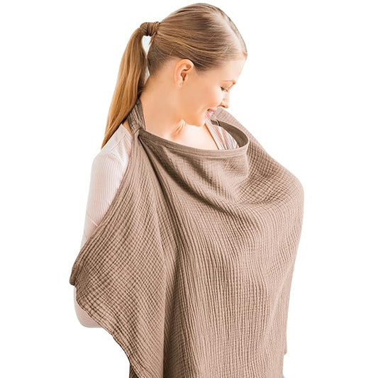 Konssy Muslin Nursing Cover for Baby Breastfeeding, Breathable 100% Cotton Breastfeeding Cover with Rigid Hoop for Mother Nursing Apron, Multi-use Carseat Canopy (Brown)