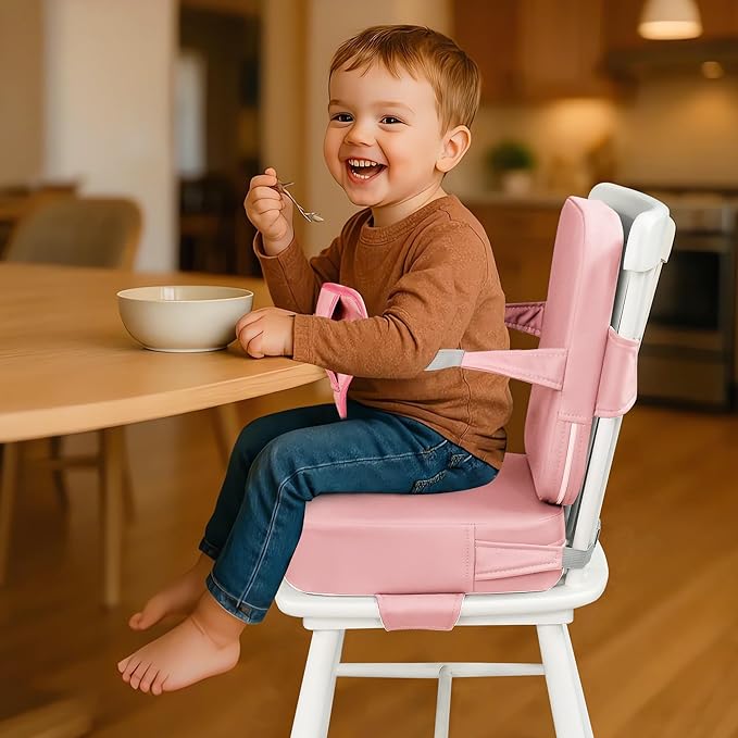 Eiury Toddler Booster Seat for Dining Table – Non-Slip PU Waterproof Cushion with Backrest & Adjustable Straps, Portable Baby Booster Seat (Pink)