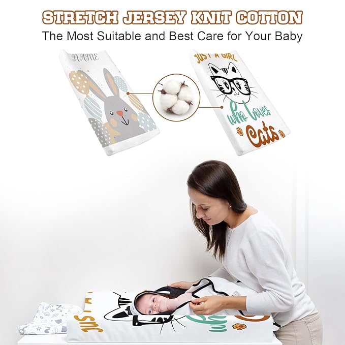 Custom Name Changing Pad Cover - 2 Piece Customizable Changing Pad Cover - Cat Print Cotton Toddler Baby Pee Pad Cover for Diaper Changing Table Nursery Protector