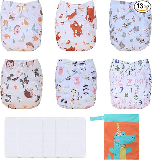 TDIAPERS Cloth Diapers Reusable Washable Pocket Diapers Cover One Size Adjustable for Baby Snaps Cloth Diapers Nappy 6 Pack with 6 Pcs Microfiber Inserts,1 Wet Bag