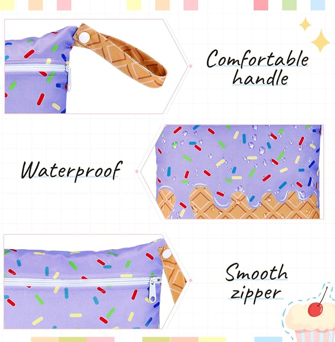 SATINIOR 2 Pack Wet Dry Bags Ice Cream Waterproof Pouch Large & Small Makeup Bag Baby Wet Bags Zipper Pouch for Baby Women Diapers Cloth(Purple)