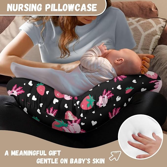 Baby Nursing Pillow Cover Positioner, Super Soft and Safe for Newborn Washable and Stretchy Pillow Cover with Hidden Zipper, Cute Axolotl Strawberry Pattern Gift