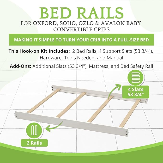 Full-Size Conversion Kit Bed Rails for Oxford, Soho, Ozlo & Avalon Baby Convertible Cribs - Solid Wood - Toddler & Adult Rail for Full-Size Bed - Nursery & Baby Furniture (Antique White, Hook-On Kit)
