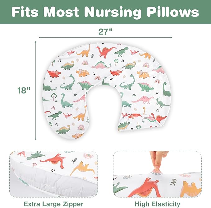 Nursing Pillow Cover, Breastfeeding Pillow Cover Case for Baby Girls Boys, Soft & Breathable, White Dinosaur (Only Cover)