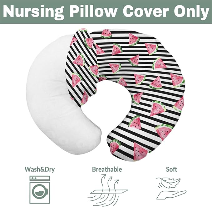 Watermelon Black and White Stripes Baby Nursing Pillow Covers for Boy Girl Tropical Summer Fruits Nursery Slipcovers for Breastfeeding Pillows Beach Vacation Soft Stretchy Covers for Newborn Infant