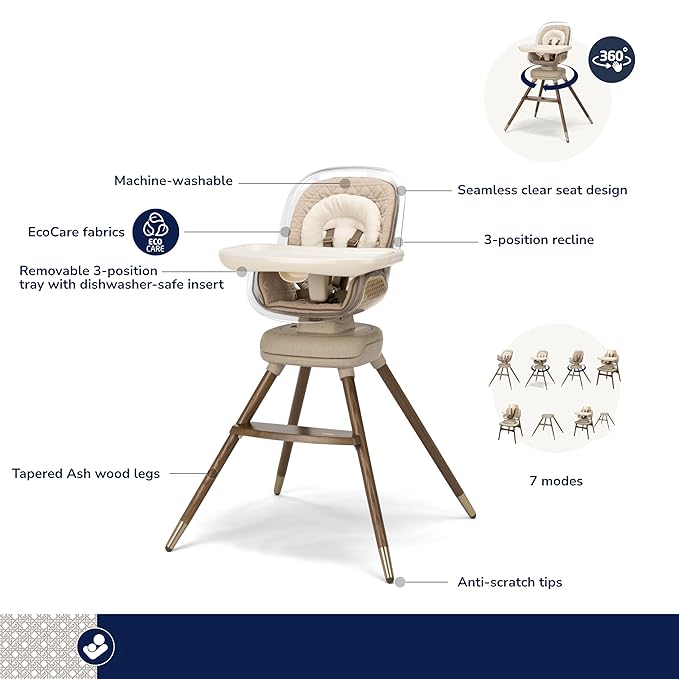 Maxi-Cosi Kiskadee 360 Rotating High Chair, 7 Modes, Infant to 5 Years up to 50 lbs, ClipQuik Magnetic Clip, 3-Position Tray, Washable Pad, Infant Recline, Booster Seat, Child Stool, Natural Heritage