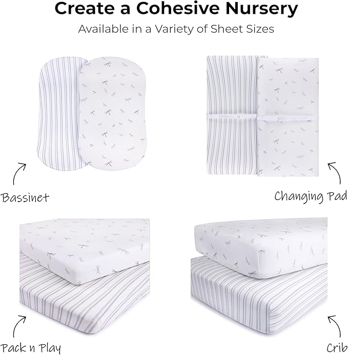 Ely’s & Co. Bassinet Sheets, Baby Boy Fitted Bassinet Mattress Sheet Set - 2 Pack, 100% Jersey Knit Cotton, fits Oval, Hourglass and Rectangle Mattress, 32”x16”x3” Blue Dragonflies + Stripes