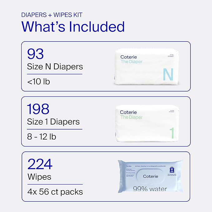 Coterie Baby Wipes + Diapers Kit, Size 1 (198 Count) & Size Newborn Diapers (93 Count), 4 Pack (224) Wipes with 99% Water, Plant Based Materials, Hypoallergenic for Sensitive Skin, Baby Essentials