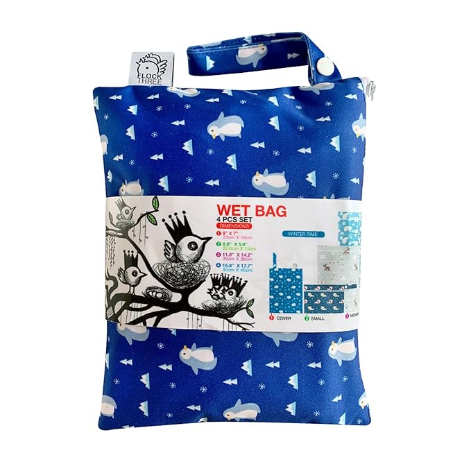 Waterproof and Reusable Wet Bag Diaper Stroller Water Resistant Swimsuit Travel Toiletries Yoga Gym Washable Carrier Small Medium Large Winter Animal 4 Pack