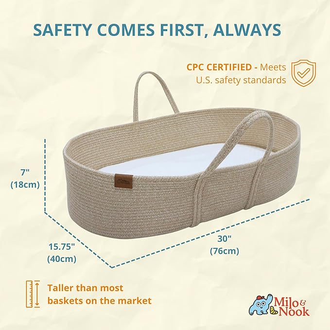 Milo & Nook Baby Changing Basket with Pad – Soft Cotton Moses Basket, Waterproof Liner & Soft Cover, Portable Changing Basket for Newborn Nursery, Machine-Washable Cover