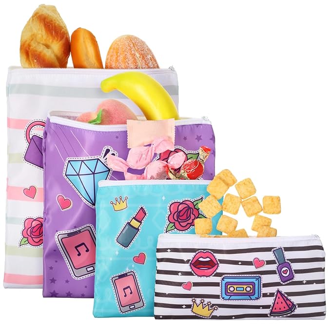 Paterr 4 Pcs Sandwich Bag Reusable Zipper Snack Bags Washable Food Safe Lunch Bags for Kids Students Adults Food (Novel)