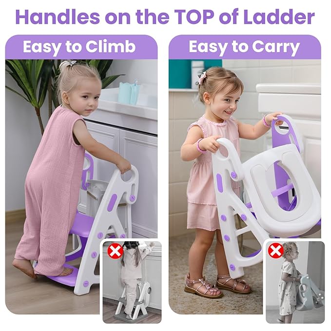 Potty Training Seat, Primlect Upgrade Ultra-Stable Toddler Toilet Seat for Kids Boys Girls, 2 in 1 Potty Training Toilet with Step Stool, Adjustable Seat and Ladder, Non-Slip Pad, Splash Guard(Purple