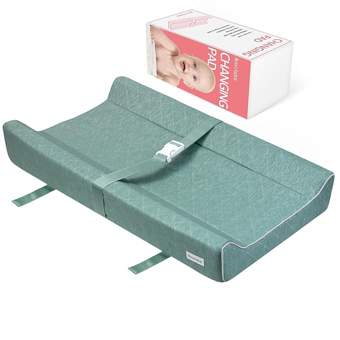 Baby Soft Changing Pad with Washable Cover, Baby Diaper Changing Pads for Dresser Top with Safety Strap,Non-Slip Bottom, Topper for Standard Size Infant Diaper Table & Dresser(Green)