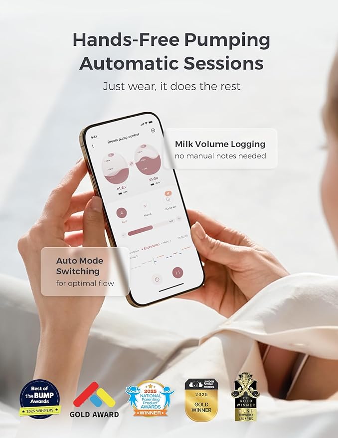 Momcozy Air 1 Wearable Breast Pump, Ultra-Slim Hands-Free Breast Pump with Wireless Charging Case, Top-View Visible, App Control, Auto Mode Switching, Milk Tracking & Full-Collector Alerts, 6oz