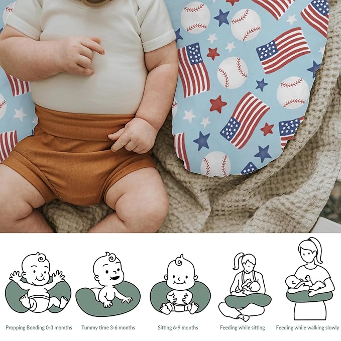American Flag Baseball Baby Nursing Pillow Covers for Boy Girl 4th of July Baseballs Stars Nursery Pillowcase for Breastfeeding Pillows Patriotic Sports Soft Stretchy Slipcovers for Newborn Infant