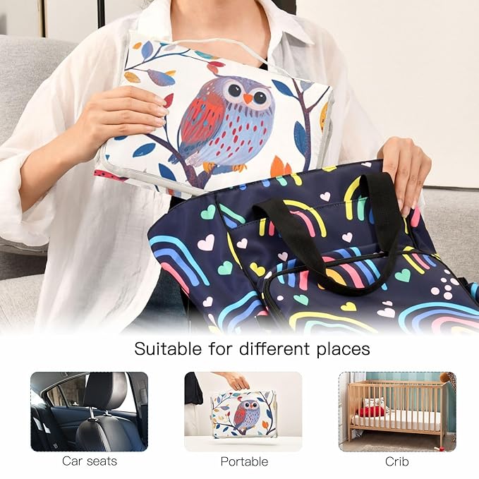 Portable Diaper Changing Pad Travel Baby Changing Mat Waterproof Diaper Changing Mat Foldable Lightweight Baby Changer with Built-in Pillow Cute Colorful Owls Branch Flowers