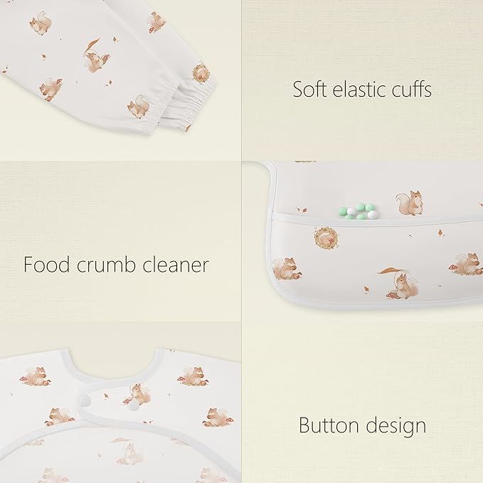 Susurration Waterproof Smock Bib for Eating Long Sleeve Bibs for Kids, Boy or Girl, 2 Pack Waterproof Bibs with Large Food Catcher, 6-36 Months Baby Eating Essentials - Pinecone