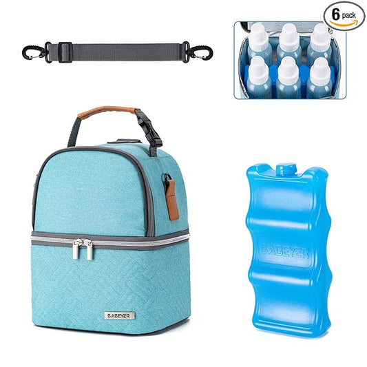 Breastmilk Cooler Bag with Ice Pack Fits 6 Baby Bottles up to 9 Ounce, Breast Milk Pump Cooler Bag with Shoulder Strap for Nursing Mom Daycare, Work, Travel- Lake Green