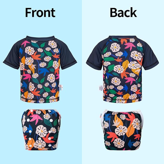 ALVABABY Baby Girl Swimsuit, 2-Piece Infant Toddler Bathing Short Sleeve Swimwear, Small Baby Reusable Swim Diaper with Matching Top