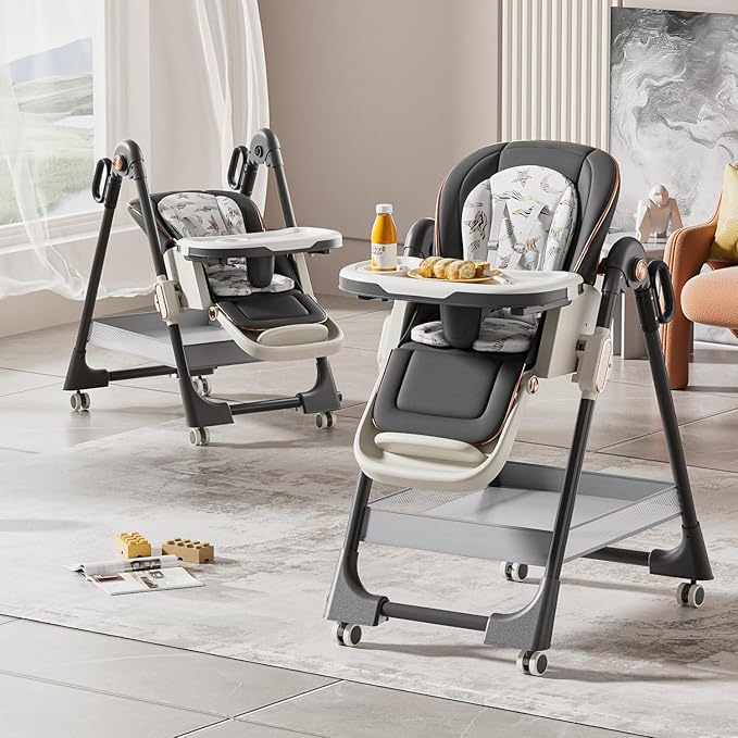 Nine point nine PU Leather Highchair, High Chairs for Babies and Toddlers, Adjustable Baby High Chair, Easy to Fold Baby Chair (X8122 Deep Grey)
