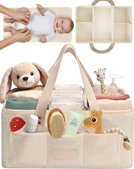 Baby Diaper Caddy Organizer with Portable Changing Mat - Teddy Fleece Diaper Organizer for Changing Table - Basket for Changing Essentials - Baby Essentials Organizer with Removable Dividers