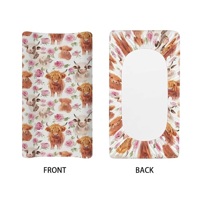 Highland Cow Cattle Changing Pad Cover for Baby Diaper Change Table Covers Soft Stretchy Unisex Diaper Change Table Sheets 32x16 Inch Cradle Mattress Sheets