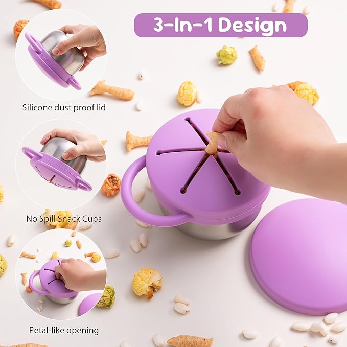Bufilea 2 Pack Snack Containers for Toddlers, Stainless Steel Toddler Snack Cups with Silicone Food Catcher & Lids,Snack Cups for toddlers Spill Proof