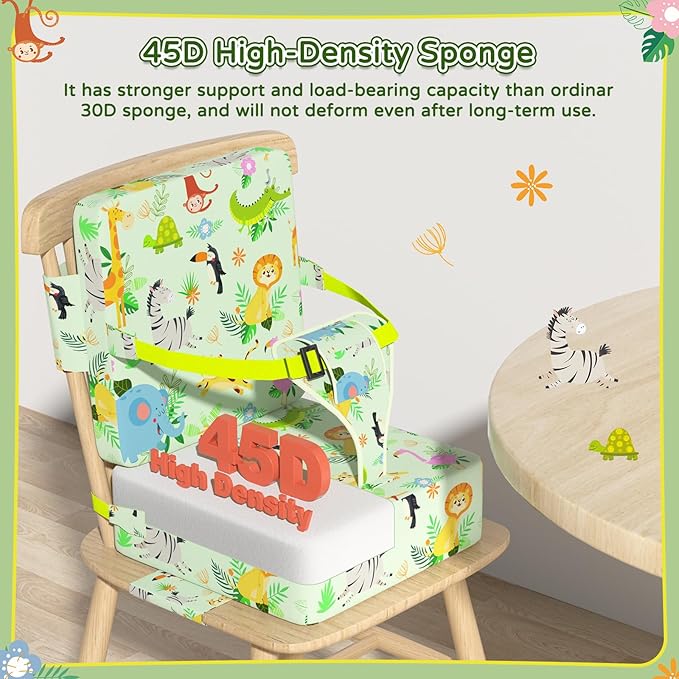 Booster Seat for Kitchen Chair with Backrest & 4 Adjustable Straps, Portable TPU Waterproof & Anti-Scratch Toddler Booster Seat for Dining Table, Removable & Non-Slip