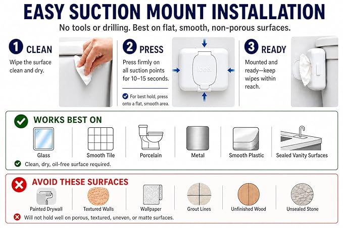 Loo 2-Pack Discreet Flushable Wipes Dispenser – Fits Standard Size Flushable Wipes Only – No-Drill Suction Mount Bathroom Holders with Lid for Toilet Tank, Tile, or Mirror