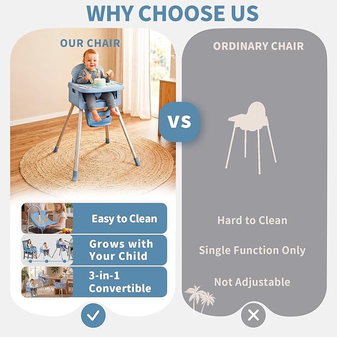 3 in 1 Convertible High Chairs for Toddlers 1-3 Baby Feeding Chair with Tray Wipeable Infant Highchair Sit Up High Chair for Babies and Toddlers with 5-Point Safety Harness & Cushion Blue