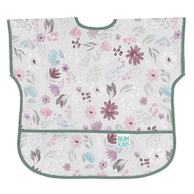 Bumkins Short Sleeve Bib for Girl or Boy, Toddler and Kids for 1-3 Years, Large Size, Essential Must Have for Junior Children, Eating, Mess Saving Soft Fabric Apron for Play, Floral Gray