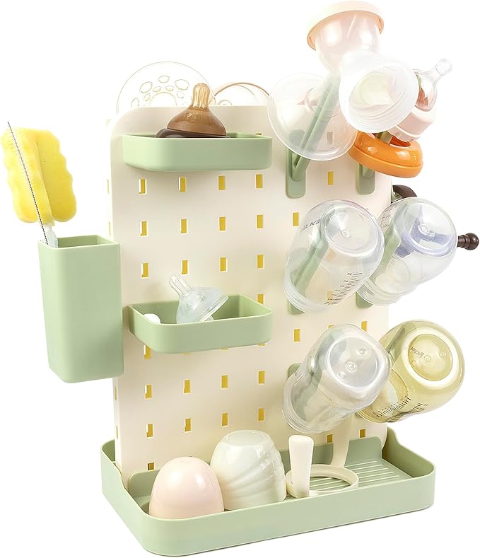 Baby Bottle Drying Rack Space Saving Countertop Vertical Rack with Brushes Holder (Green)
