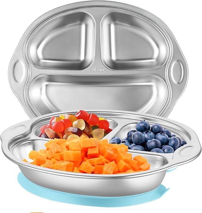 304 Stainless Steel Baby Plates Suction Plates for Baby Stainless Steel Plates for Kids with Suction Divided Designed for Feeding Children（Blue）