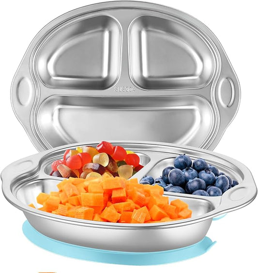 304 Stainless Steel Baby Plates Suction Plates for Baby Stainless Steel Plates for Kids with Suction Divided Designed for Feeding Children（Blue）