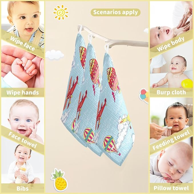 vvfelixl Baby Muslin Washcloths Hot Air Balloons Airplanes Baby Burp Cloths Cotton Baby Face Towel for Newborn Infants Boys Girls Soft and Absorbent 11.8 X 11.8 in, 3 Pack