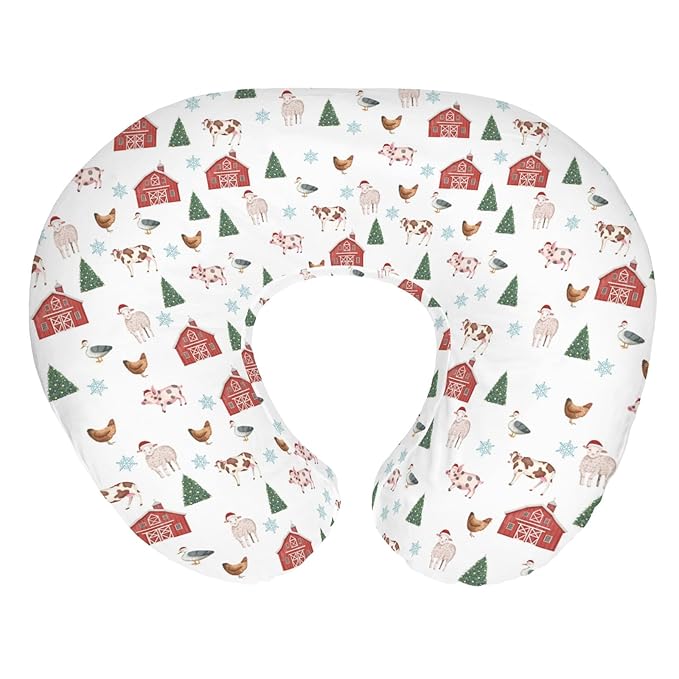 Christmas Farm Animals Life Baby Nursing Pillow Covers for Boy Girl Barn Pig Cow Lamb Hen Duck Trees Nursery Pillowcase for Breastfeeding Pillows Winter Country Farmyard Soft Stretchy Slipcovers