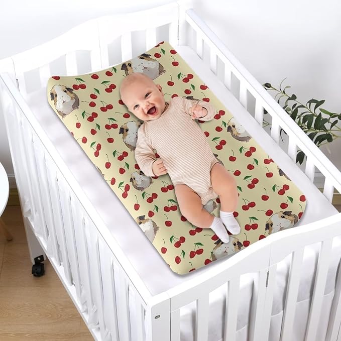 Breathable Diaper Changing Pad Cover for Baby Girls and Boys, Soft Changing Table Sheets 16 * 32 Inches, Cherry Guinea Pig