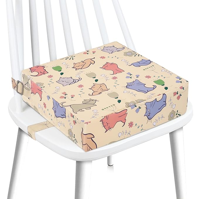 Booster Seat for Dining Table, Stronger Support Double Safe Straps Booster Seat for Kitchen Chair, Non-Slip Bottom Portable Travel Chair Cushion for Kids (Beige Cat)