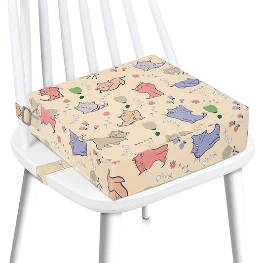 Booster Seat for Dining Table, Stronger Support Double Safe Straps Booster Seat for Kitchen Chair, Non-Slip Bottom Portable Travel Chair Cushion for Kids (Beige Cat)