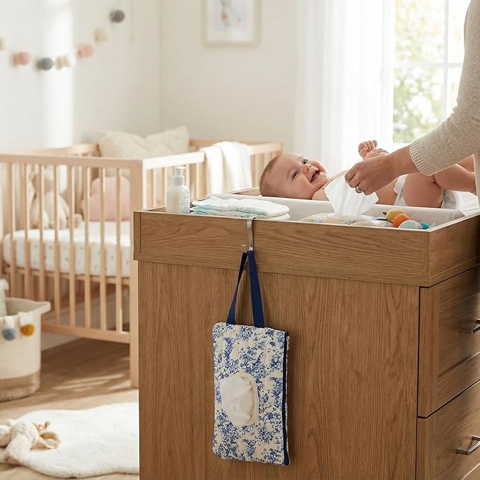 Quilted Baby Wipe Holder, Canvas Floral Quilted Pouch with Hanging Strap, Portable Diaper Wipe Holder for Travel Stroller-Classic Blue