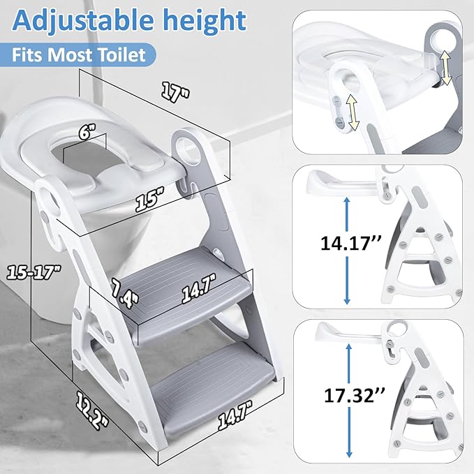 Potty Training Seat, Primlect Upgrade Ultra-Stable Toddler Toilet Seat for Kids Boys Girls, 2 in 1 Potty Training Toilet with Step Stool, Adjustable Seat and Ladder, Non-Slip Pad, Splash Guard (Grey)