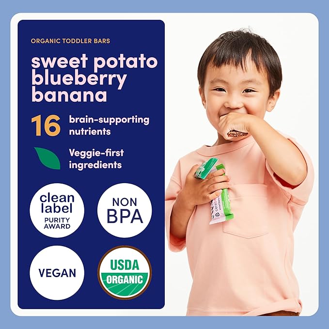 Cerebelly Organic Toddler Smart Bars 40-Count, Sweet Potato Blueberry Banana Smart Bars, 16 Brain-Supporting Nutrients, No Added Sugar, Gluten Free, Nut Free, Kids Snacks