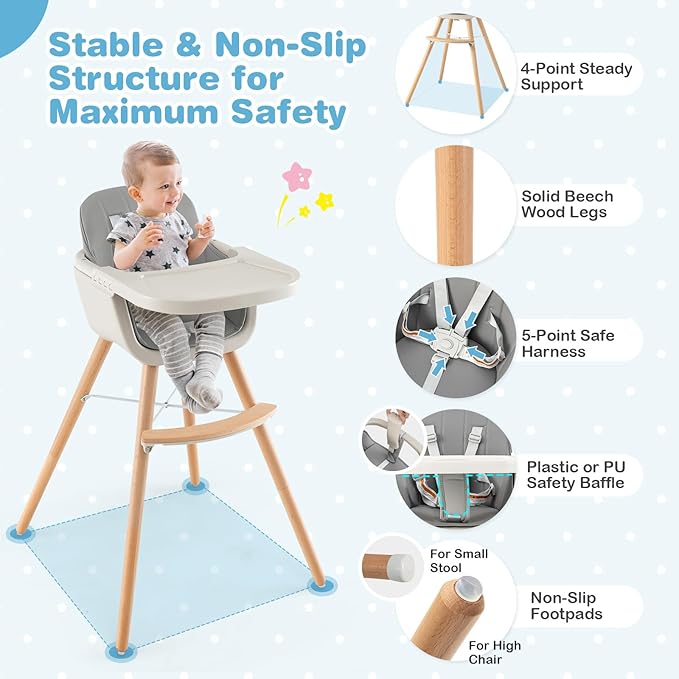 HONEY JOY Baby High Chair, 6-in-1 Eat & Grow Wooden Highchair/Toddler Chair with Removable Tray, 5-Point Harness, PU Cushion and Footrest, Convertible High Chair for Babies and Toddlers(Gray)