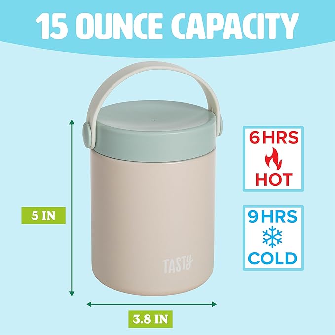 Tasty Food Jar with Folding Handle, Portable Snack Travel or Lunch Container, Stainless Steel Insulated Vacuum with Leak-Proof Lid, Keeps Food Hot or Cold for Hours, 15-Ounce, Cream