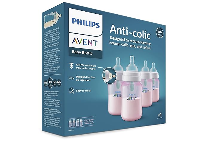 Philips Avent Anti-Colic Baby Bottle with AirFree Vent,9oz,with Flow 2 Nipples,1m+,Pink,SCY703/14,(Pack of 24)