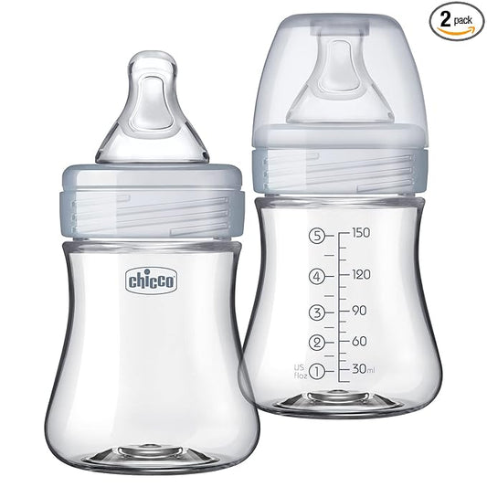 Chicco Duo 5oz Hybrid Baby Bottle, Real Glass Inside, Lightweight Plastic Outside, Patented Invinci-Glass Technology, Intui-Latch Nipple, 2-Pack, Clear/Grey