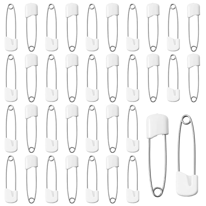 Xinjoduz 100 Pieces Diaper Pins for Cloth Diapers, 1.6 Inch Plastic Head Baby Safety Pins with Locking Closures Stainless Steel Large Diaper Nappy Pin Heavy Duty (White)