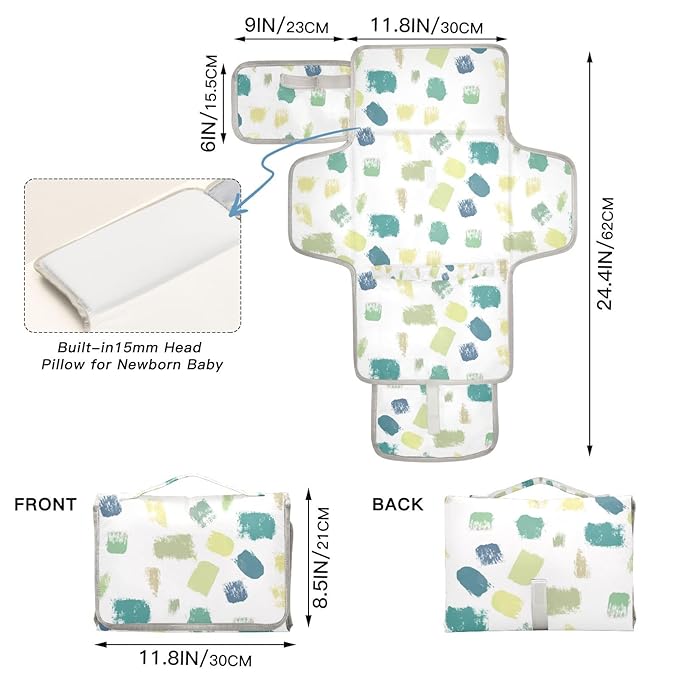 Portable Diaper Changing Pad Travel Baby Changing Mat Waterproof Diaper Changing Mat Foldable Lightweight Baby Changer with Built-in Pillow Dotty Green