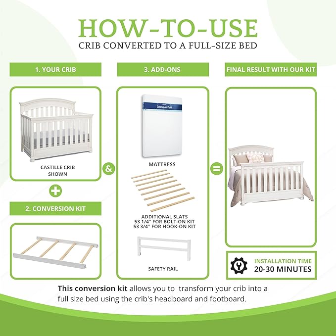CC KITS Full-Size Conversion Kit Bed Rails Compatible with Simmons Kids Convertible Cribs by Delta Children - Solid Wood Rail - Toddler and Adult Bed Rail for Full-Size (Vintage White, Hook-ON KIT)